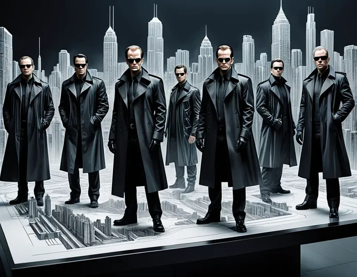 on a sheet of paper placed on a large desk, drawing large 4d figurines in stunning and breathtaking uhd ink style, agent smith, ...