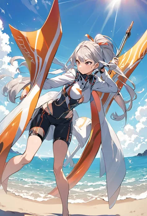 Marin kitakawa anime girl is standing on beach with wearing brah in saxy posture 