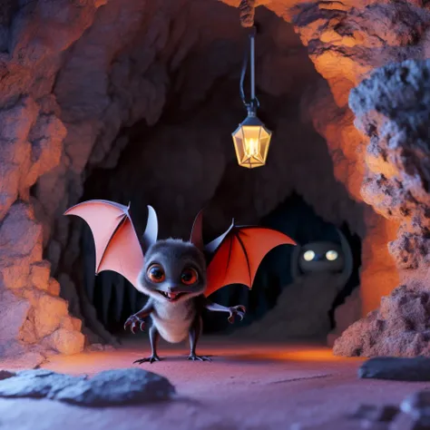 masterpiece, high quality, a cute bat, play happily, in the cave,  at night dark fairy tales