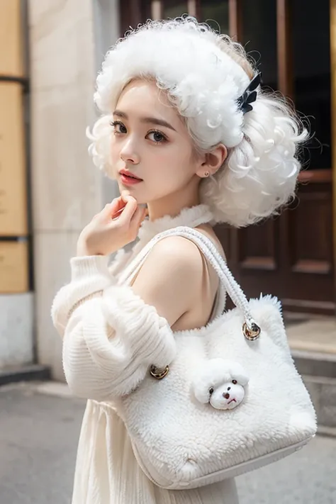 Cute and fluffy white Bichon Frise head shaped bag