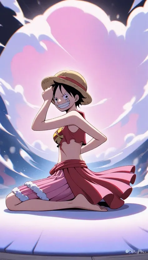 1girl, monkey d. luffy, one piece,
pink hair, pink eyes, white and pink mix, pink long skirt,
shes on a seiza pose, an empty and...