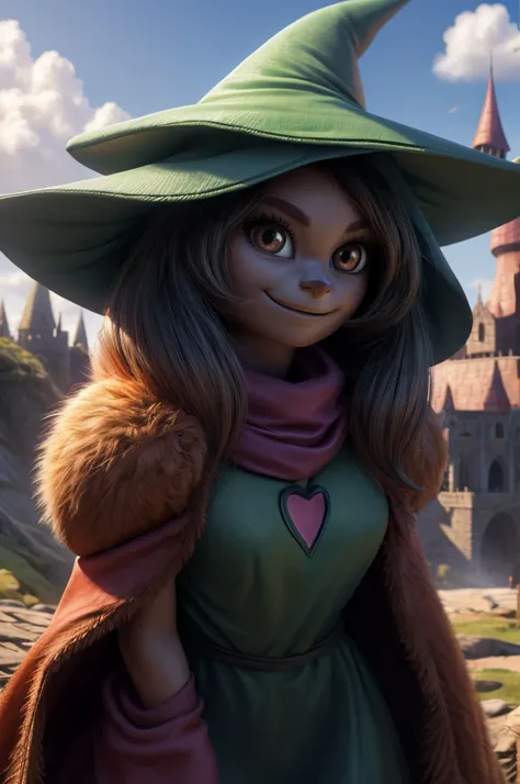 Female,pokemon,Hatterene, background, (cinematic lighting:1.1), (perfect focus:1.1), 8k hd, (detailed eyes:1.2),depth of field, bokeh, subsurface scattering, perfect breasts, wide ,((Ralsei Deltarune clothing )),bright colors, (furry detail:1.3),detailed b...