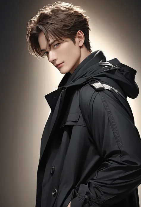 handsome mature young boy dynamic full body photo, close-up of brown-haired man wearing black windbreaker( perfect anatomy ) fac...