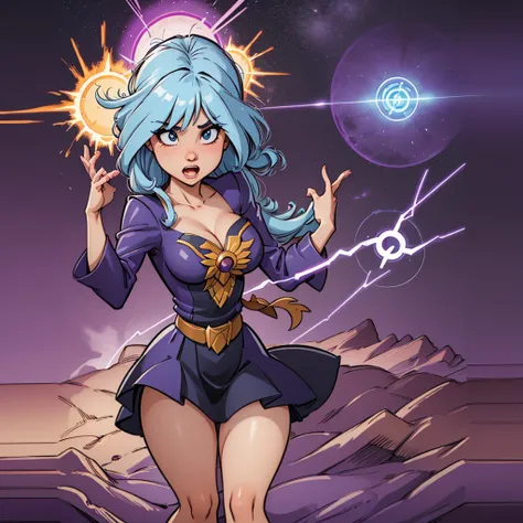 Cryptic girl is  casting a spell, wastelands, energy sparks up from the ground and connects to cryptic girl who is making mystic symbols and channeling energy blast