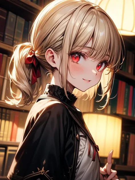 (masterpiece),(highest quality:1.2),((Perfect Anatomy)),(Perfect Fingers:1.3),(1 girl),(Flat Chest),highest quality,Blonde ponytail,Blunt bangs,(From the side),(Glancing sideways),Beautiful and detailed red eyes,Beige Capelet Fashion,in library,Disappointe...