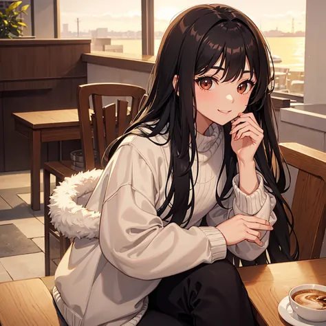 Cute girl with black long straight hair, brown eyes and a round face in a brown sweater sits in a cafe and drinks coffee., sunset, toothy smile without bangs, holding a poodle puppy in his arms