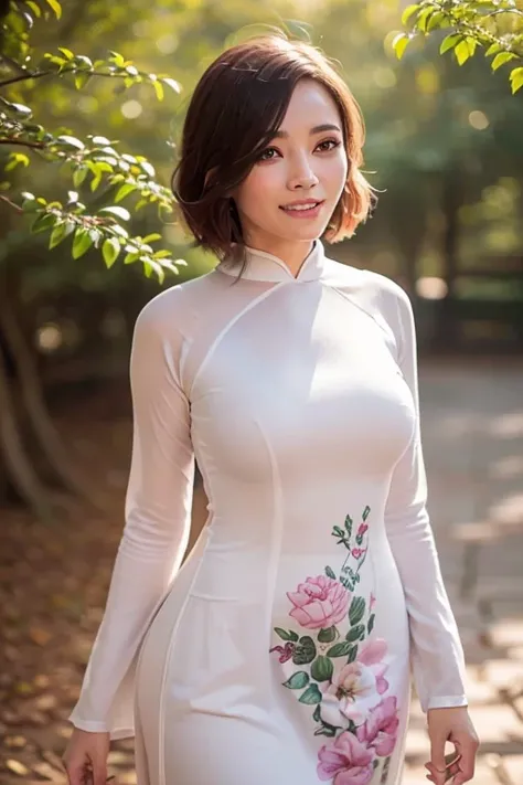 (a gorgeous lady, age 18, dimpled smile, cute snaggle-tooth, pink short hair, beautiful detailed face, beautiful detailed eyes, ample round bosom, wearing Vietnam dress Ao Dai, The Cowboy shot, detailed textures, vibrant colors, serene outdoor landscape wi...