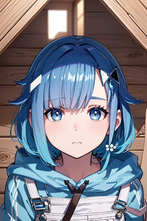 Spinning Wood（VSPO!）,Short Bob,Blue Hair,Sharp bangs,Light blue hair on the inside,hair ornaments,ribbon,Light blue hoodie,White overalls,Light blue eyes, Highest quality, High resolution, unity 8k wallpaper, (figure:0.8), (Beautiful attention to detail:1....