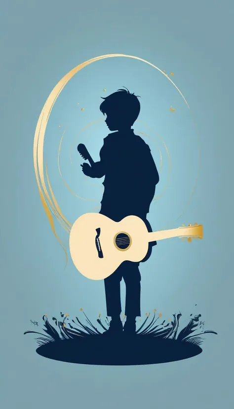 A minimal, modern, simple, cinematic logo design for the brand “Penamemoria". The logo design must be a simple, silhouette of a boy, standing up, playing acoustic guitar and fantasy feather by his side. The logo must convey a sense of music, stories, memor...