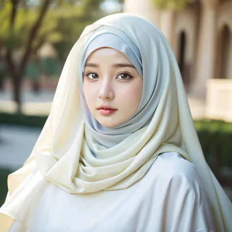 1girl, solo, beautiful face, realistic eyes with high detail, double eyelids, realistic pupils with high detail, (on body from head to waist:1.36), (wearing a hijab:1.37), (hijab:1.37), reading glasses, sitting alone on a long chair, amazing mosque garden ...