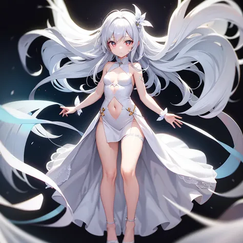 (((White Wedding Dress))), ((Revealing clothing)),((In a naughty way)),Cute little loli,Tiny Lori,Small girl,,Childish face, Very fine clean face,Top quality, Big eyes,Straight Hair,Yellow hair,Crimson Eye,(Dark Room), Subtle light, Natural light,Soft ligh...