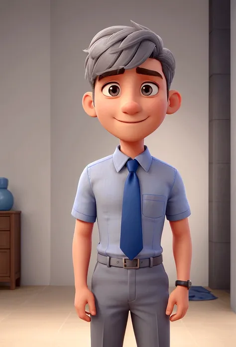 man, very short hair, slightly gray, with blue dress shirt, with maximum characteristics prevailing