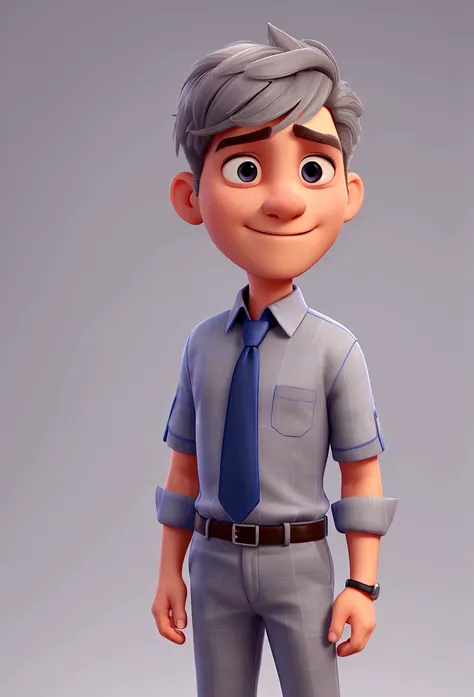 man, very short hair, slightly gray, with blue dress shirt, with maximum characteristics prevailing