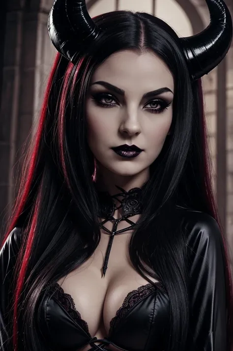 a close up of a woman in lingerie with horns on her head, beautiful succubus, gothic horror vibes, gothic maiden, beautiful vampire queen, beautiful elegant demon queen, succubus | medieval, beautiful necromancer girl, vampire girl, gothic maiden of the da...