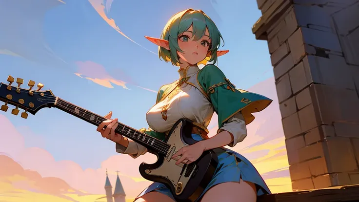 Anime Style,Nostalgic,Detailed background,The medieval world,A lively bar with lots of people,Beautiful sky,A beautiful elf with a short haircut who is a bard,guitar,Large Breasts,Healthy thighs