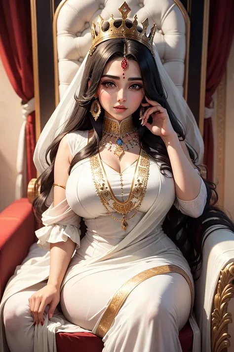 a beautiful queen of Pakistan sitting on the sexy throne, curvy white hairs, white dress