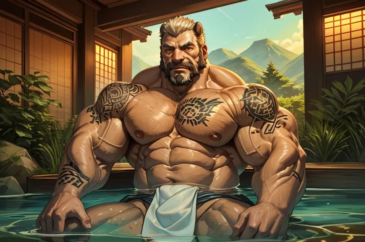 An old man soaking in an onsen, half submerged, (huge muscular), (yakuza tattoo:1.2), detailed muscles, 8k, masterpiece:1.2, hyperrealistic, white fundoshi, highly detailed full body, really big muscle, massive muscle, thick arms, wide pectoral, submerged,...