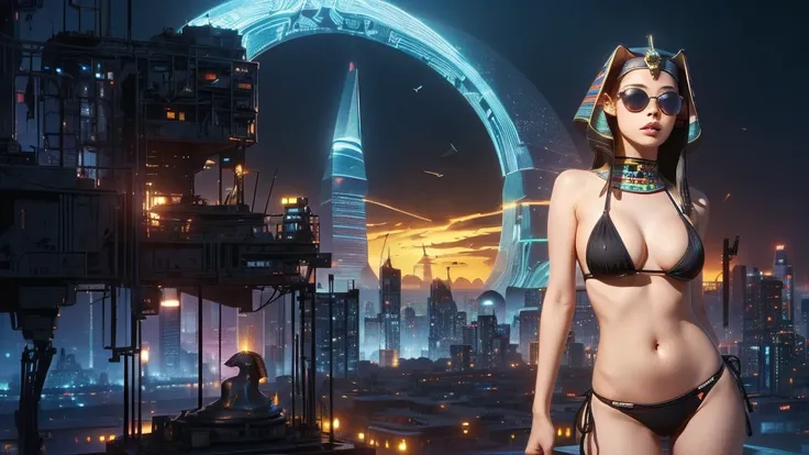 (((a medium-breast bikini slim GIRL with black micro sunglasses))), (((aiming at viewer with a pistol))), a balcony of a futuristic building, aerial view of an ultra-futuristic megalopolis, many metal buildings and houses in dark colors from dark blue to b...