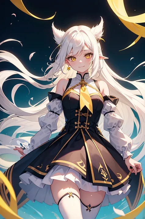 1 girl, One, flowing long hair, yellow eyes, White hair, bare shoulders, skirt, breast, cut off sleeves, long sleeves, hair flaps, closed mouth, black skirt, shirt, pointed ears, smile, большая breast и ляжки, stockings