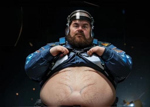  (((Photograph Half of the body of the astronaut in his space uniform, transparent helmet visor for the viewer to see his face, chubby man, extremely thick thighs, large belly, fat, aged 50, bearded, full beard ))). walks with a device in his hands analyzi...