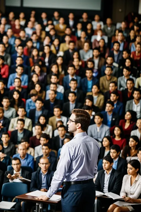 Person giving a lecture in a crowd 