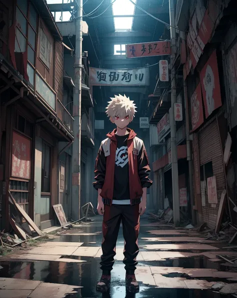 Blonde Katsumi Bakugo with red eyes standing straight、13years、portraitures、Straight face、((deep in the night、mid night、early dawn))、((Ruins、abandoned amusement park、corrosion))、Foggy、Sateen、reflection、Nostalgic but unsettling photos、Images in a dream、horor...