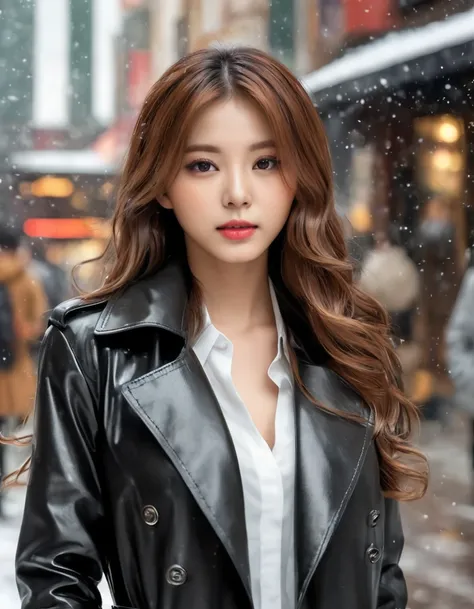 black leather trench coat, open clothes, ((realistic, masterpiece, best quality, 8k, high resolution:1.3)), photorealistic, (ill...