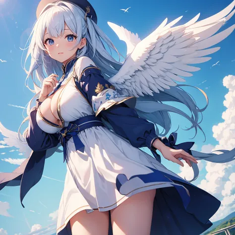 (high quality).(masterpiece)、(Loyal)Girl flying in the sky、has white wings、Big Breasts、blue sky、Big white wings