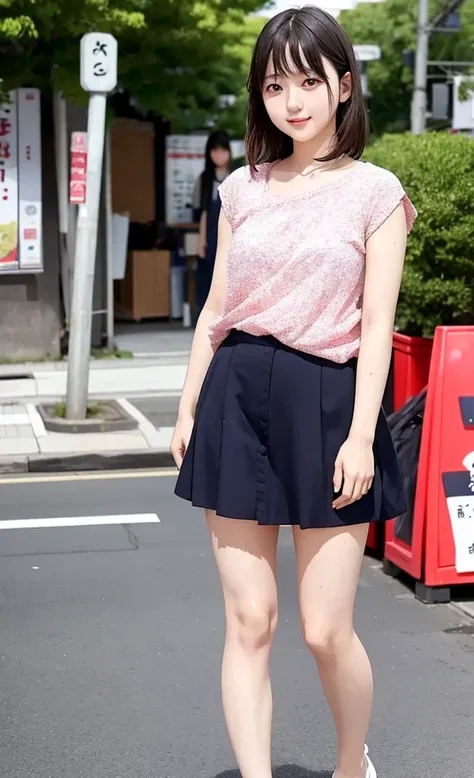 a full body Photo of a Japanese Girl on the Street in Summer. She is 24 years old as known as a member of Japanese Idol Nogizaka46 is smiling faintly. (Documentary photo Style, Digital Photo Medium, Natural Lighting, High Angle)