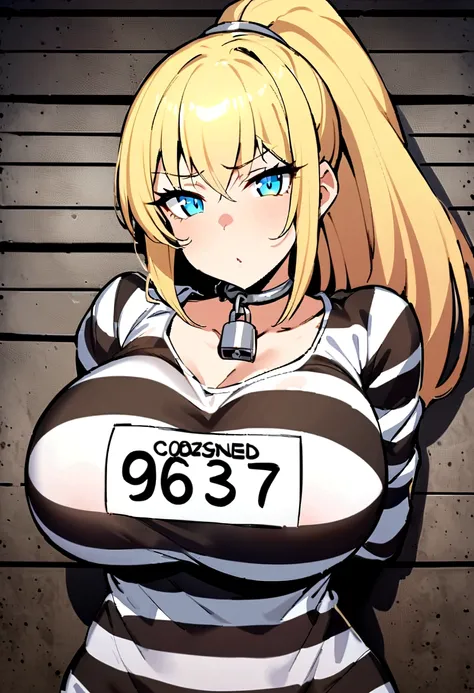 mugshot, view the viewer, Huge breast, prisoner, prison girl, jailed, prisoned, Striped black and white prison jumpsuit, Handcuffed, Restrained, shackle, domina, jail cell, lock, long blonde hair, ponytail, blue eyes