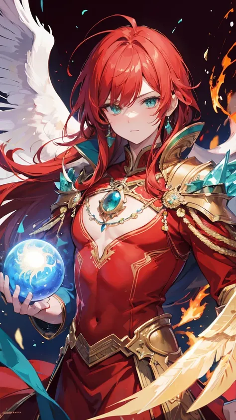 Masterpiece,best quality,Very detailed 8K wallpaper.,male phoenix,green eyes,Wearing a red dress with a blue crystal ball in the center of the chest.