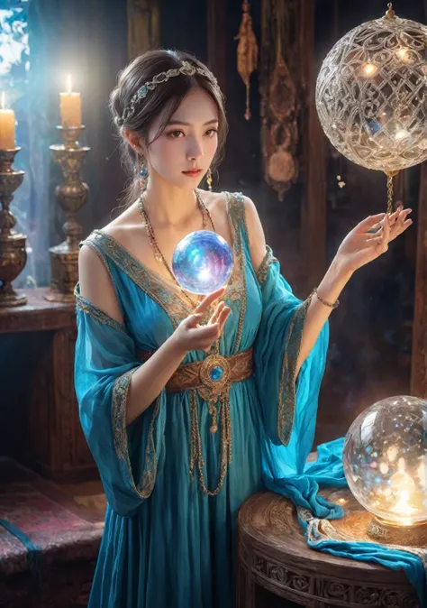 Female fortune teller. (Overall body orientation: frontal) Charming, beautiful and mysterious. She wears a blue cloak and has a clear face. Eyes wide open, looking straight ahead. Bright and glittering, full of anxiety and anticipation. She holds a crystal...