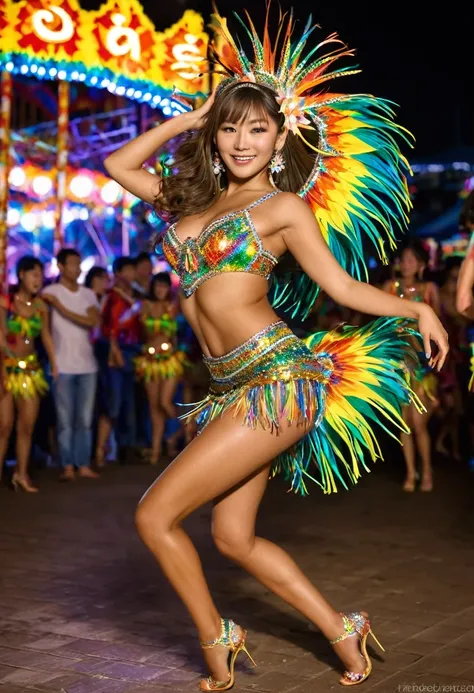 best quality, 8k, very delicate and beautiful, highly detailed face and skin texture, shiny skin, high resolution, huge tits and huge booty sexy brown hair tanned skin japanese girl in colorful samba dance dress dancing in carnival at night, side view, ful...