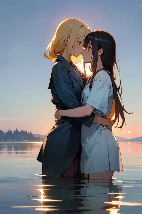 （masterpiece，high quality），2 Girls，leading，Anime Girl，Look at each other，Hug each other，Gentle eyes，Medium chest，wet shirt，（Standing in the lake），morning glow：1.2，Side view: A beautiful woman that all men in the world want to embrace