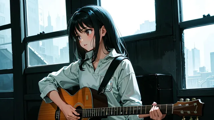 nighat.In a very very dark room、In a place where the light shines fantastically from behind、A girl around 15 years old is playing the guitar and looking out the window.。In the background is a large window. girl 30%.