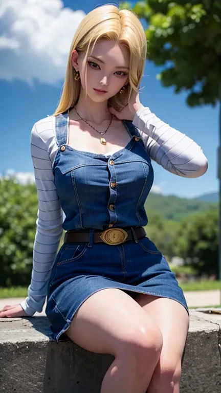 masterpiece, highest品質, very detailed, absurd, beautiful portrait of android18db, alone, blonde、earrings, jewelry, denim, smile,...