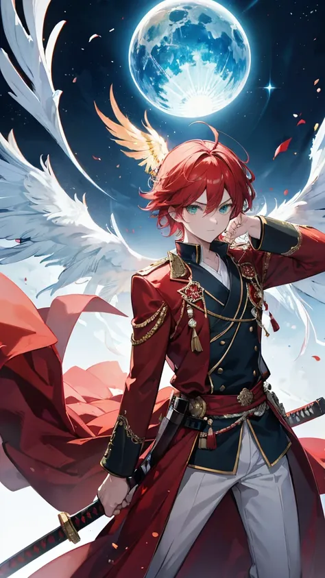 Masterpiece,best quality,Very detailed 8K wallpaper.,male phoenix,green eyes,Wear a red island outfit.,Blue orb in the middle of the chest,Katana sword wielder