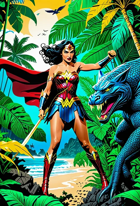 Diana Prince, Wonder Woman, fighting a mythical monster on a lush tropical island.  Vibrant colors and intricate details capture the magic and adventure of the scene.