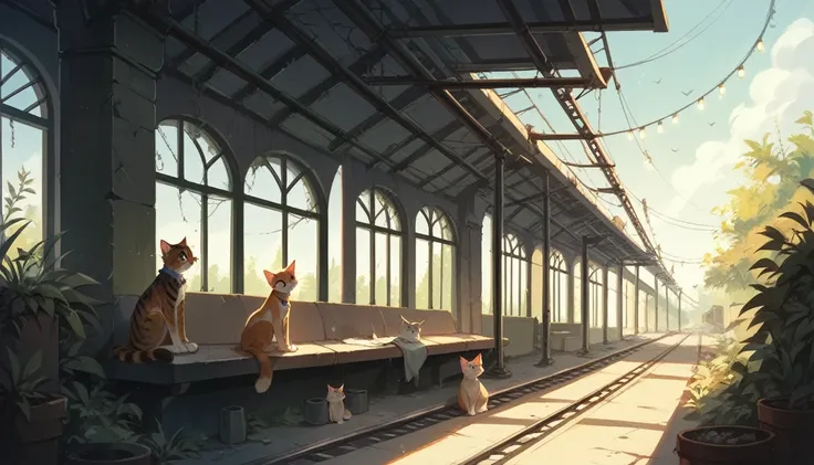 score_9, score_8_up, score_7_up, a boy sitting in an abandoned train station, plants, cats, sunny, diagonal lights, ruins