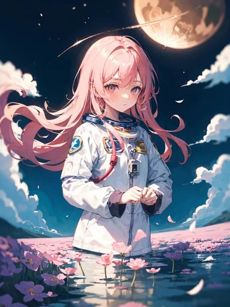 She astronaut walks in the sea of flowers dotted with pink clouds，The astronaut who is alone，The astronaut cannot leave this planet，The astronaut is lost in the boundless space.