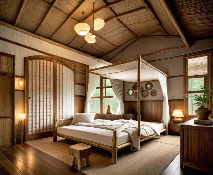 there is a bed with a canopy in a room with wood floors, bed room, inside of a bedroom, luxurious wooden cottage, serene and peaceful style, bedroom, bedroom interior, an interior of room, rustic, room interior, bamboo huts, interior room, interior of room...