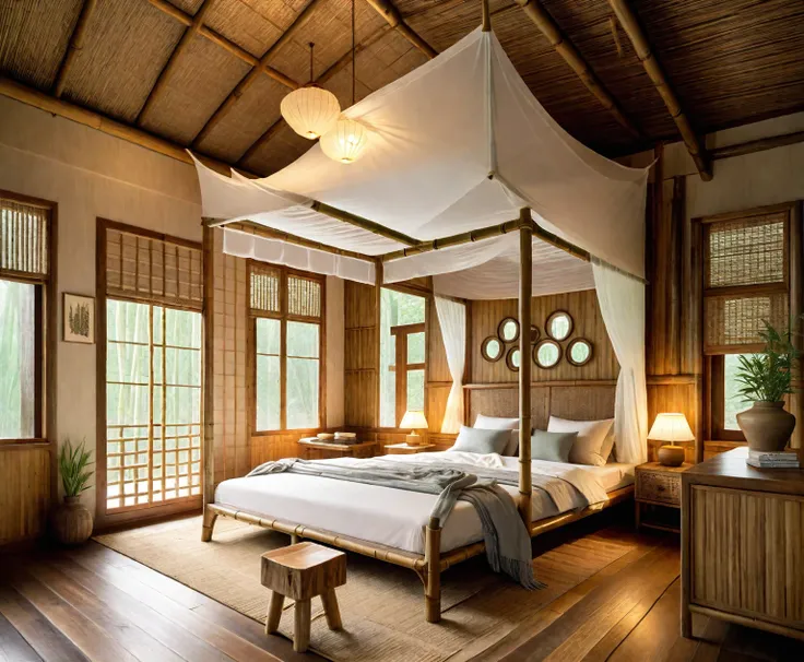 there is a bed with a canopy in a room with wood floors, bed room, inside of a bedroom, luxurious wooden cottage, serene and peaceful style, bedroom, bedroom interior, an interior of room, rustic, room interior, bamboo huts, interior room, interior of room...