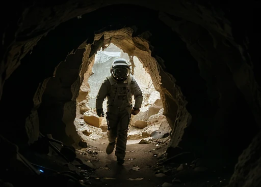 Atmosphere of the day. ( astronaut walking inside a cave entrance on the unknown planet ).