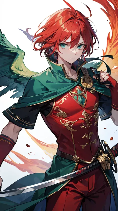 Masterpiece,best quality,Very detailed 8K wallpaper.,male phoenix,green eyes,Wears a red iron-clad outfit with a blue crystal in the middle of the chest.,Katana sword wielder