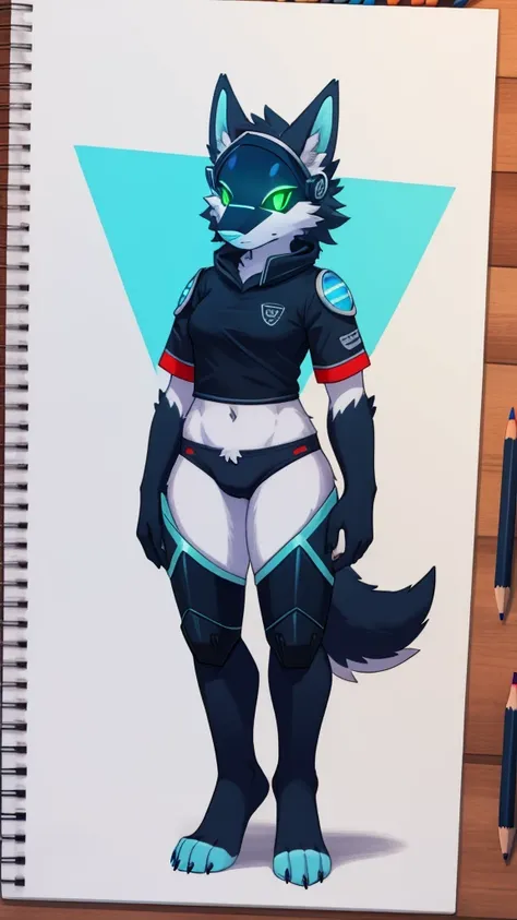 Furry wolf protogen 
female anthropomorphic white fur green eyes blue nose red tail wearing a black shirt and underwear full body color pencil sketch drawing 