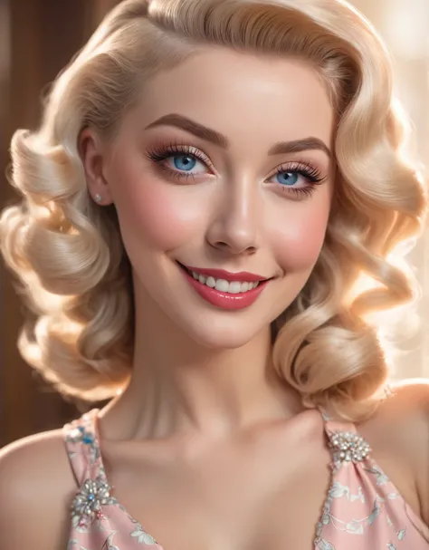 beautiful blonde 1940s pinup girl, smile, blue eyes, detailed face, long eyelashes, rosy cheeks, soft skin, elegant dress, retro style, warm lighting, pastel colors, cinematic shot, hyperrealistic, photorealistic, (best quality, 4k, 8k, highres, masterpiec...