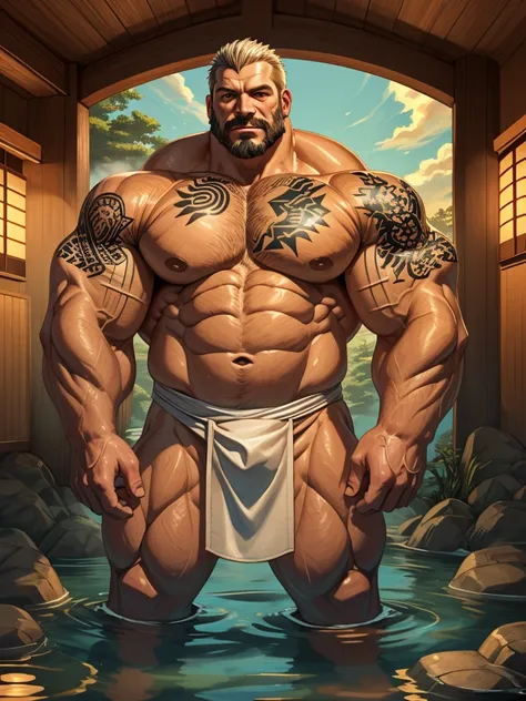 An old man soaking in an onsen, half submerged, (huge muscular), (yakuza tattoo:1.2), detailed muscles, 8k, masterpiece:1.2, hyperrealistic, white fundoshi, highly detailed full body, really big muscle, massive muscle, thick arms, wide pectoral, submerged,...