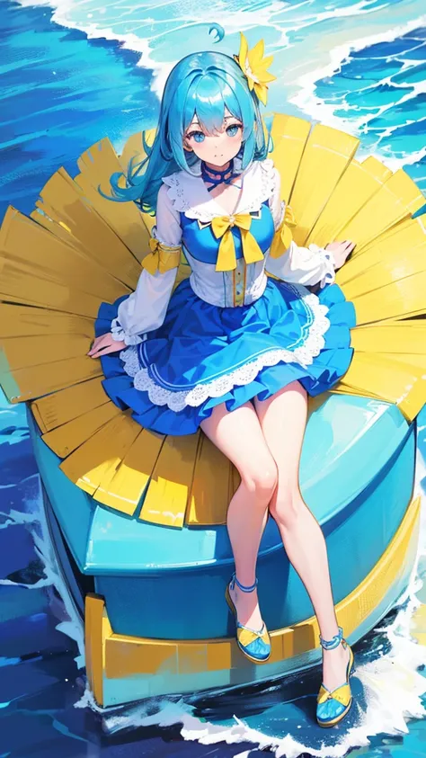  a cute girl beautiful attraction big chest blue hair Caribbean short round wearing shell hair her bright blue eye she dresses in a white shirt yellow lace thread collar and her long blue skirt sea shape yellow heel