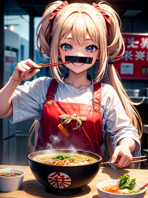 Highest Resolution,Highest quality,A girl smiling and looking at ramen while breaking disposable chopsticks,Open your mouth and drool,