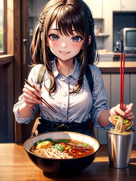 Highest Resolution,Highest quality,A girl smiling and looking at ramen while breaking disposable chopsticks,Open your mouth and drool,